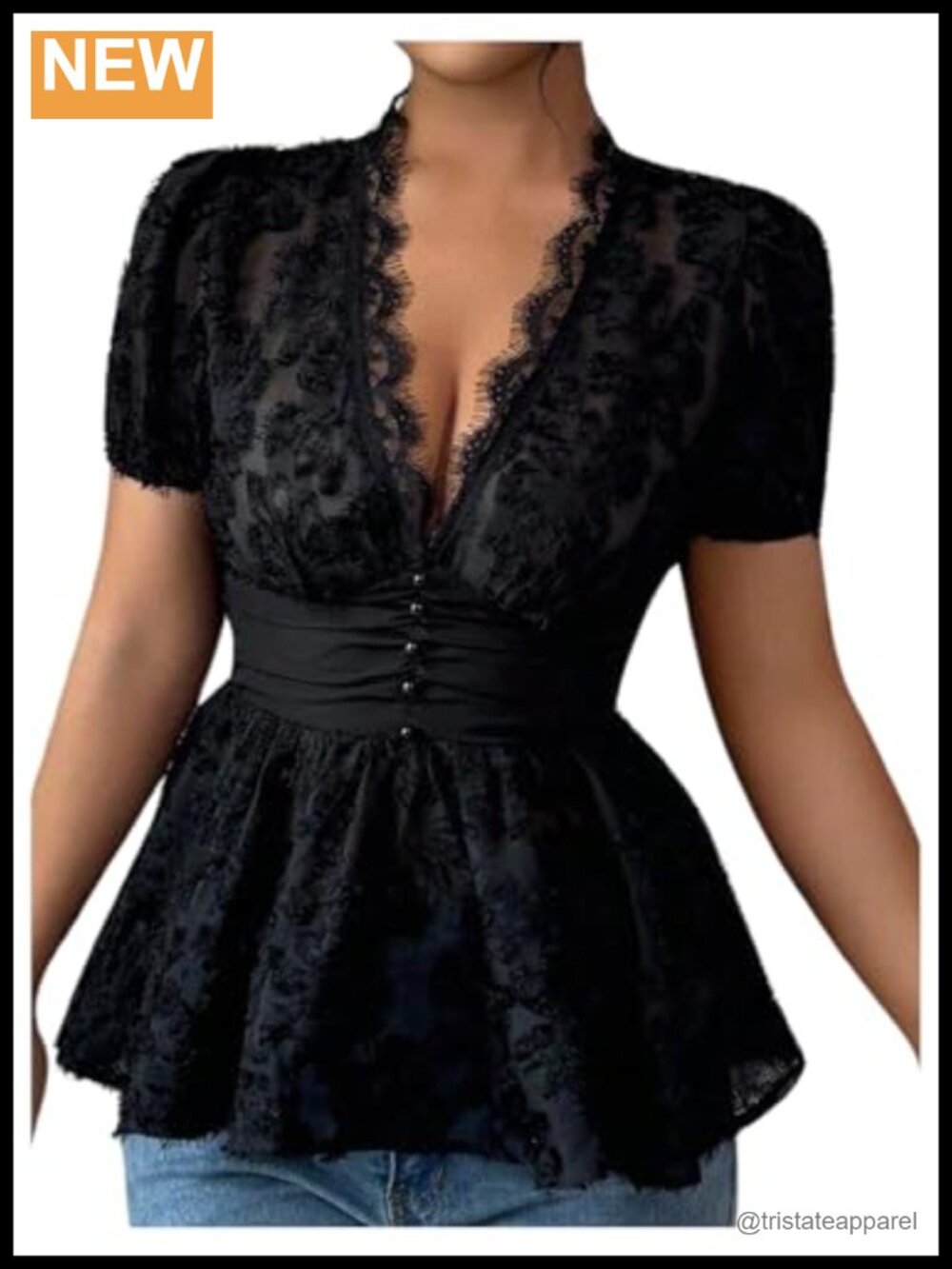 Sheer Lace Ruffle Peplum Blouse Short Sleeve Deep V Neck